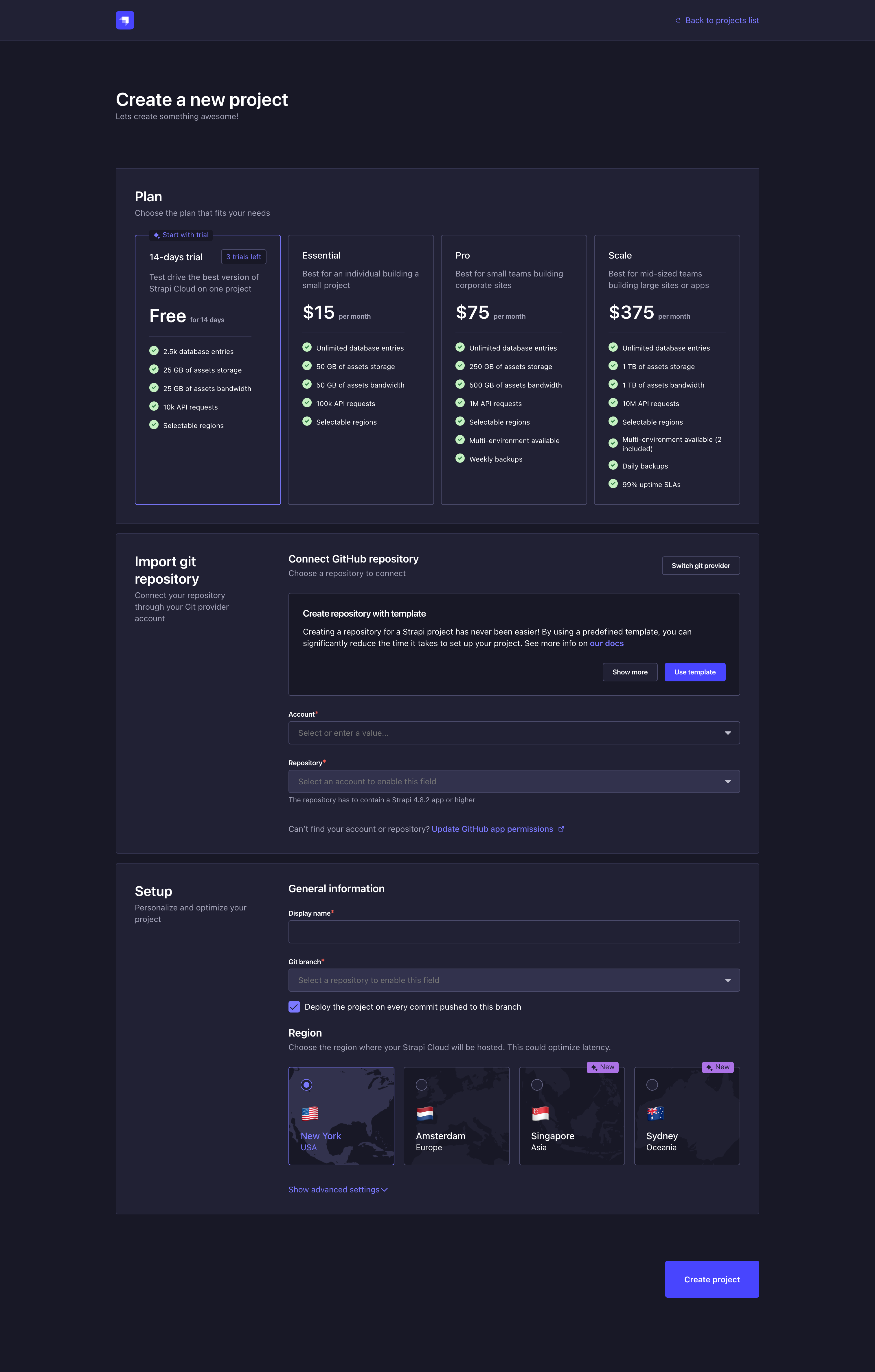 Strapi Cloud project creation, step 1